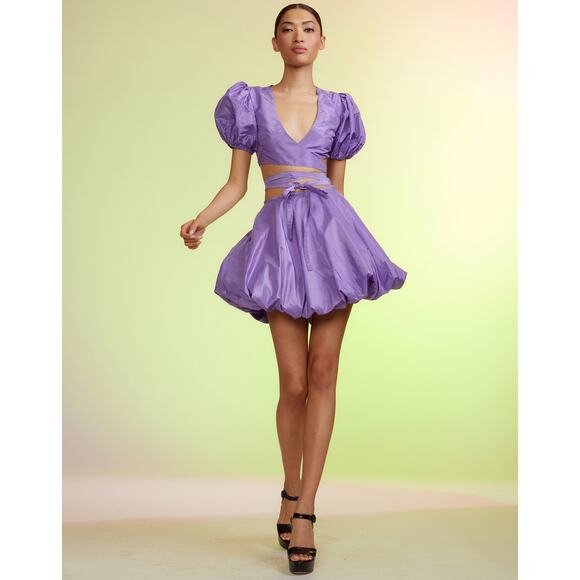 Cynthia Rowley Luna Taffeta Smocked Wrap Tie Top & Bubble Skirt in Purple - Picture 3 of 9